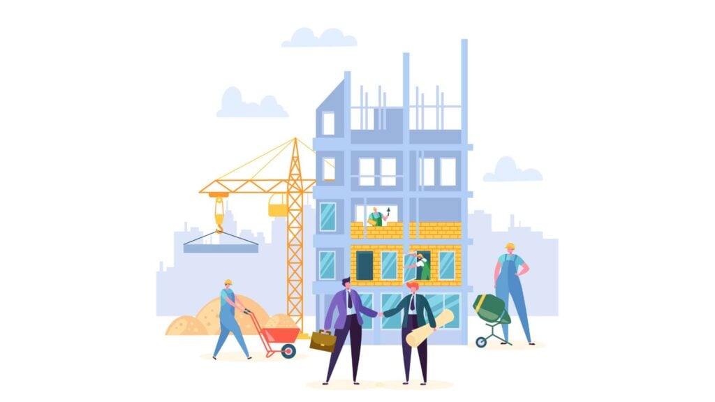An illustration showing a construction manager shaking hands with a contractor