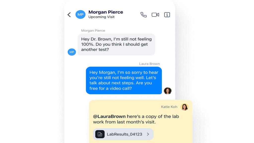 Graphic showing text messages between a provider and patient and a note from another provider in the Spruce Health app.