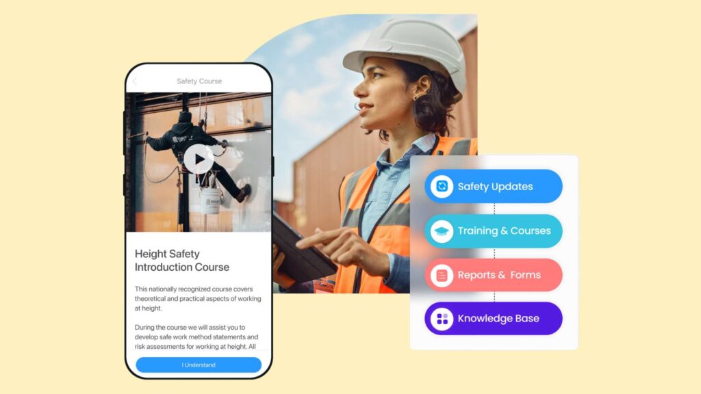 A composite image of a construction safety manager and the Connecteam app showing a working at height safety training course