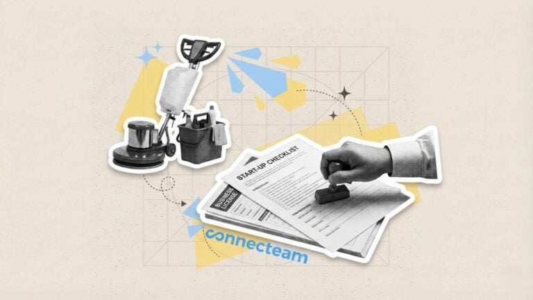 An illustration of a hand stamping cleaning business forms to start a commercial cleaning business