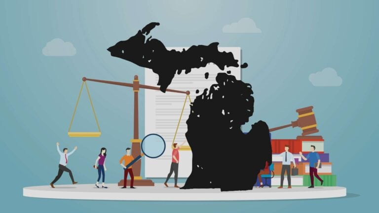 An illustration of labor law concepts with the state outline of Michigan overlayed