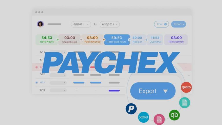 An illustration of Connecteam's time tracking integration overlayed with the Paychex logo