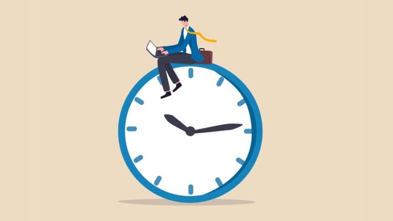 An illustration of an employee sitting on a clock to symbolize overtime