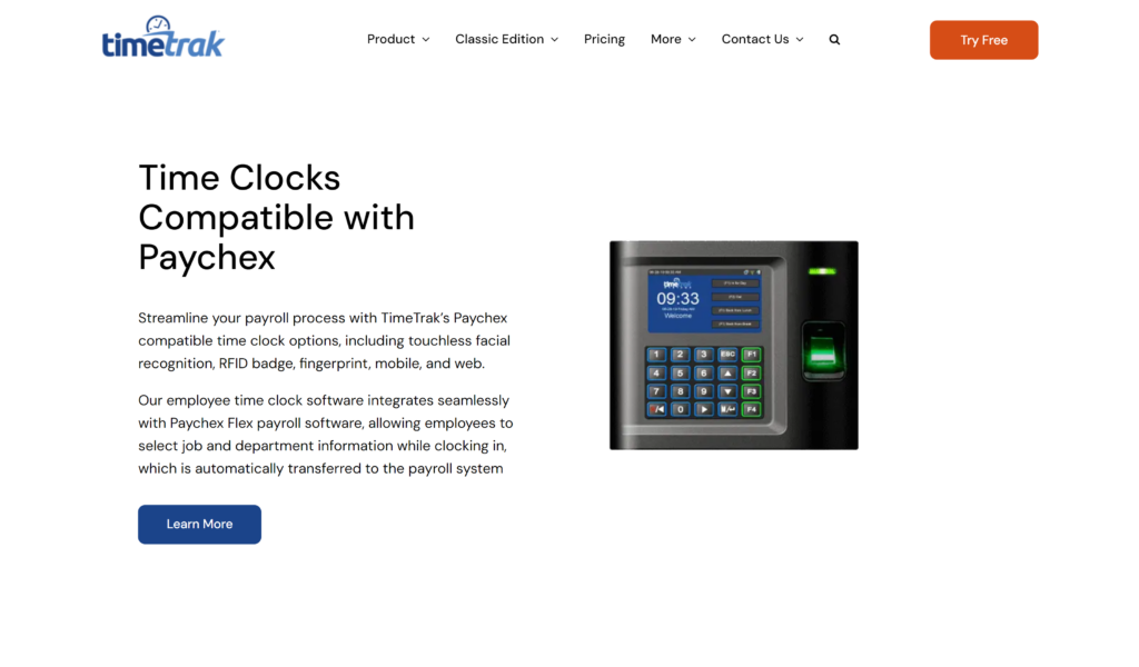 A screenshot of the TimeTrak website