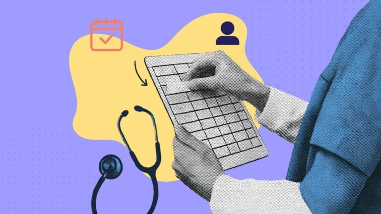 A collage of a healthcare worker holding a staff schedule and a stethoscope in the background