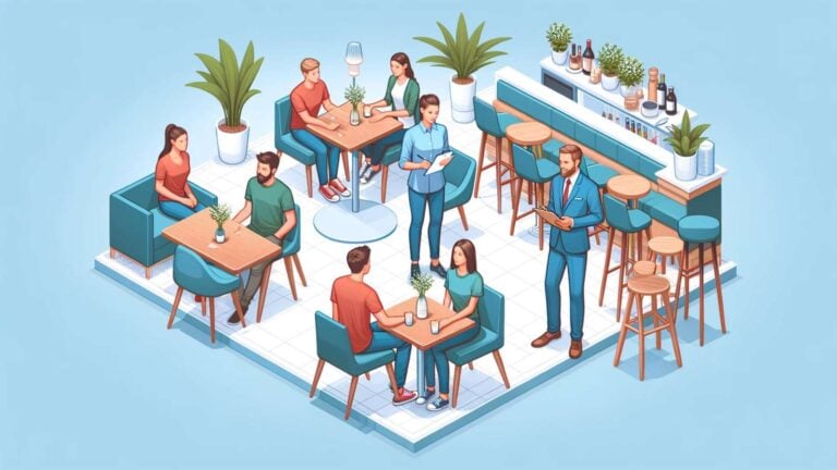 An illustration of prospective candidates sitting in a restaurant waiting to be interviewed