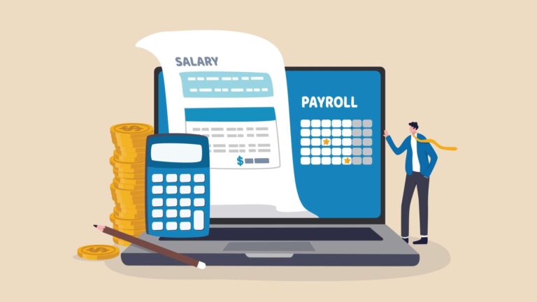 An illustration of an employee next to a computer showing payroll software