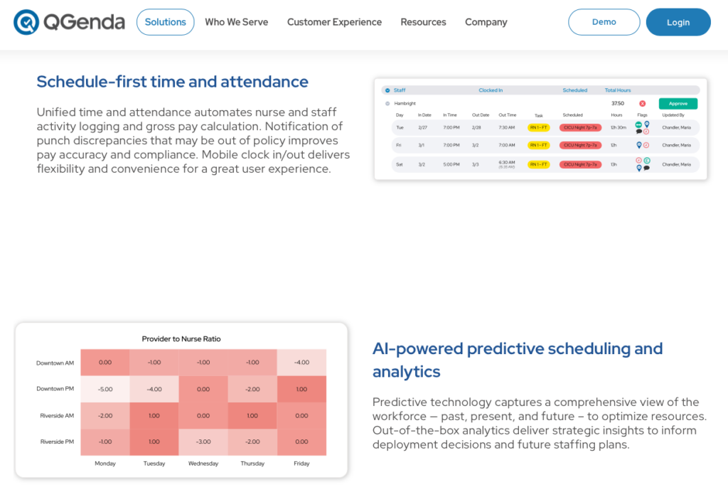 Screenshot showing QGenda’s schedule-first time and attendance and predictive scheduling.