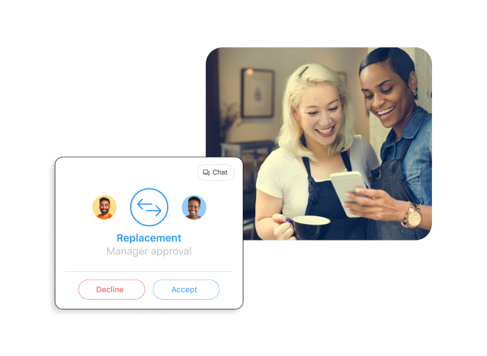 two employees looking at their phone and smiling and shift replacement illustration