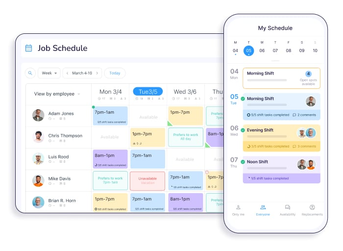 Desktop and mobile mockup showing illustration of job scheduling at connecteam's app