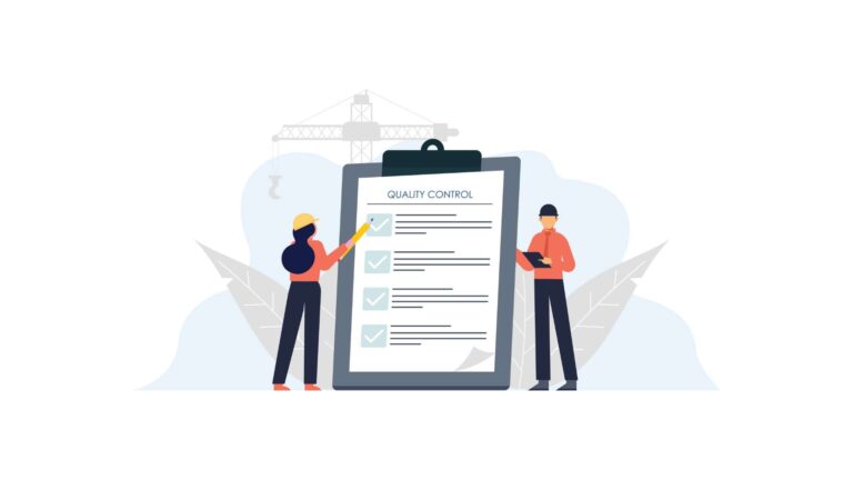 An illustration of construction workers with a clipboard holding a quality control plan