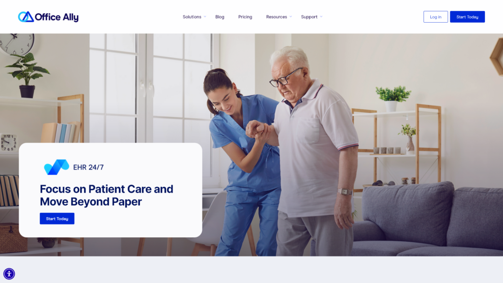 Screenshot of the EHR 24/7 website showing a caregiver helping an elderly man walk