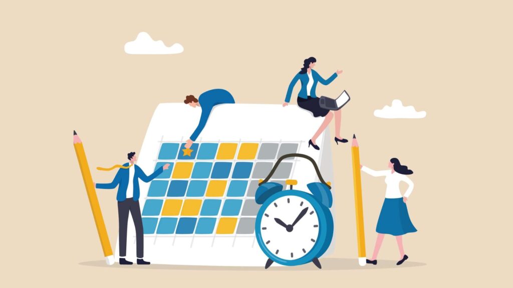 An illustration of employees surrounding an employee schedule