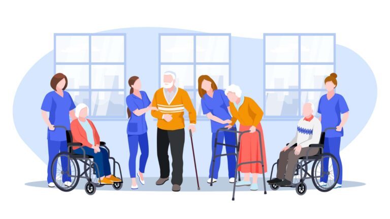 An illustration of residents and nurses in a nursing home