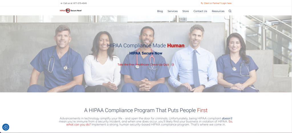 HIPAA Secure Now homepage Screen Shot