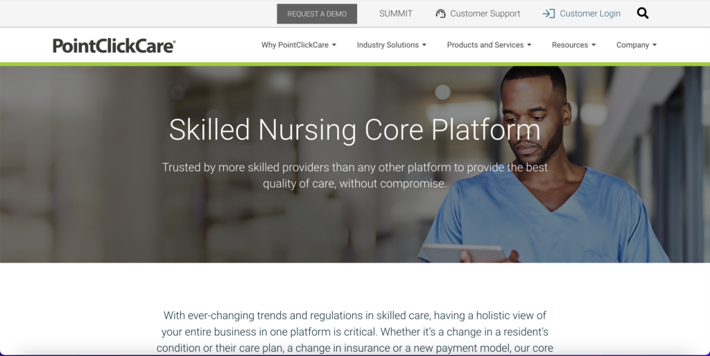Screenshot of the Skilled Nursing Core Platform website showing a man wearing scrubs
