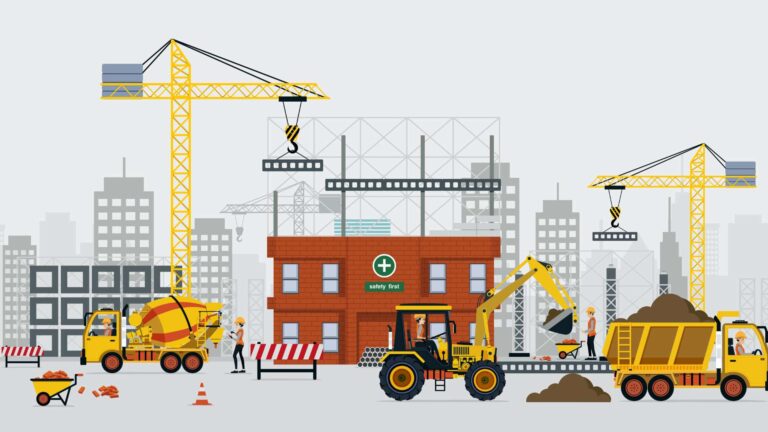 An illustration of a construction site with different construction business ideas in the image