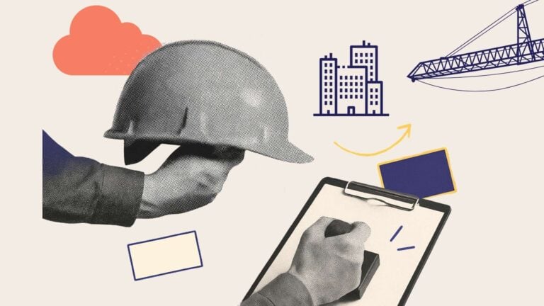 A collage of a hand holding a hard hat and a hand holding a clipboard