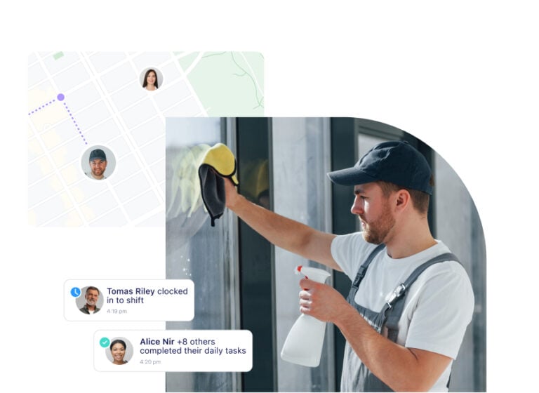 Janitor cleaning with geolocation illustration 