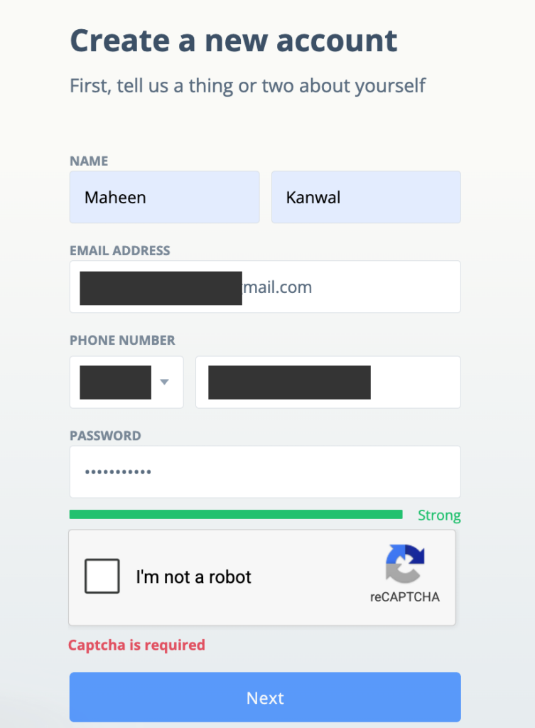 Sling requires basic info and CAPTCHA verification before proceeding with account setup.