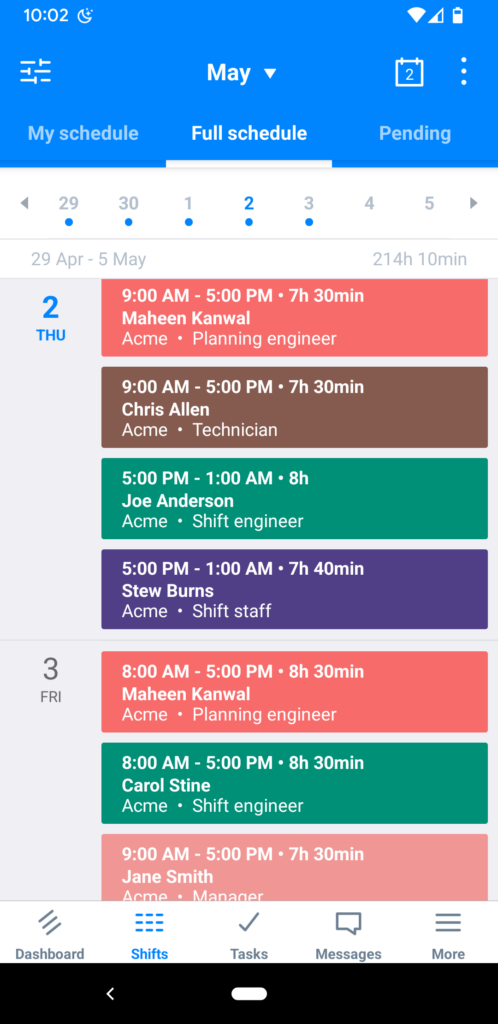 Sling mobile app schedule view showing a daily list of employee shifts with names, roles, shift times, and color-coded entries.