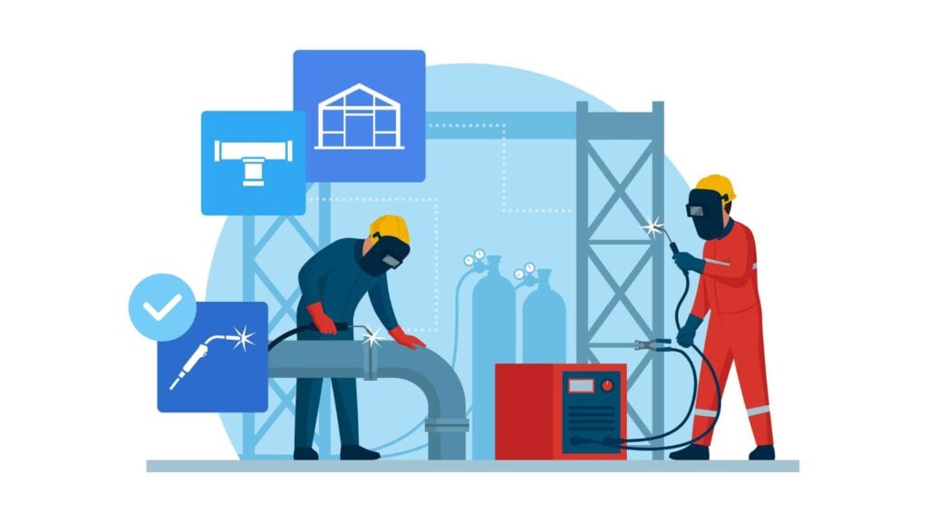 An illustration of welders on a construction site.