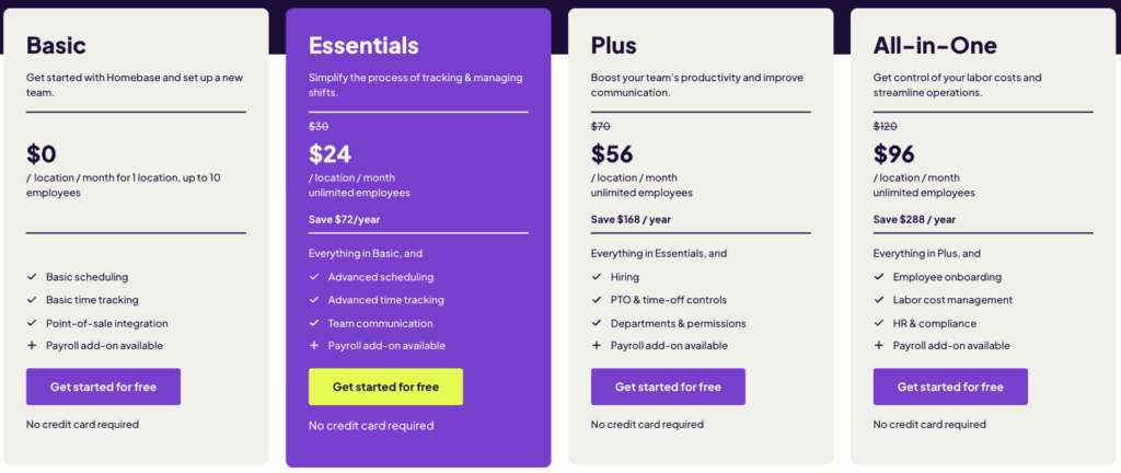 A screenshot of the Homebase pricing page