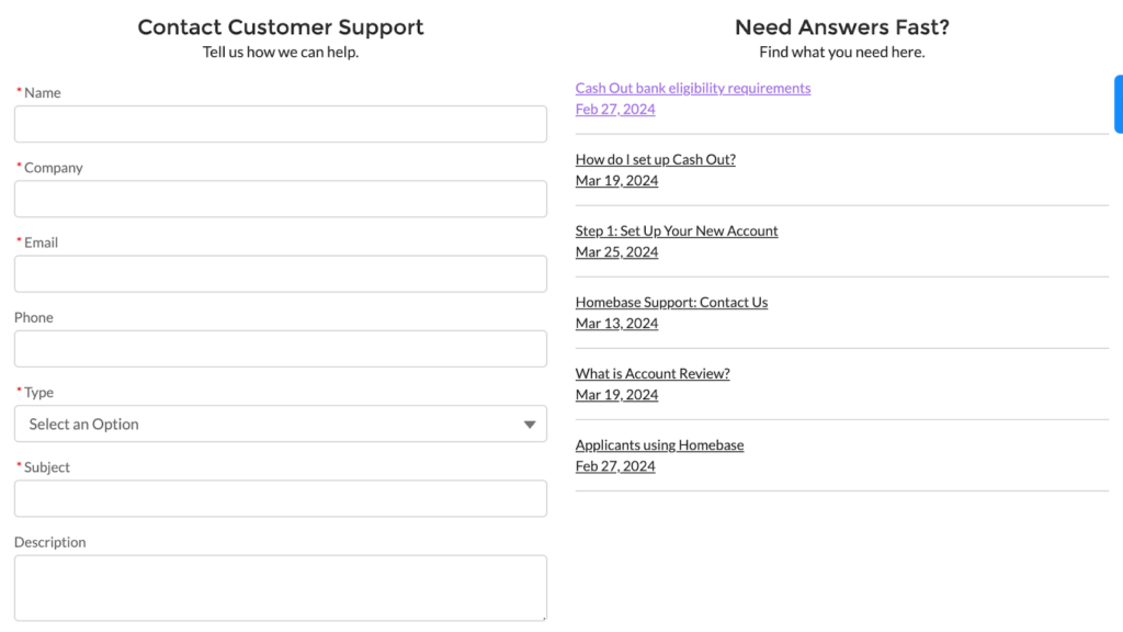 A screenshot of Homebase’s customer support contact form