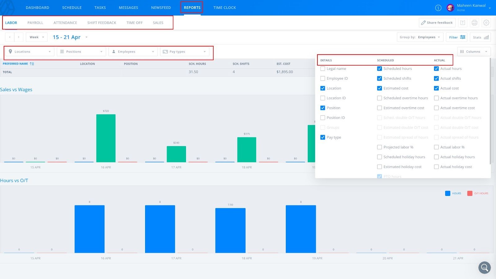 A screenshot of Sling Reports with different filters and sorting options