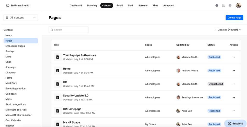 The pages editor in Staffbase Studio showing a list of published pages about payslips, HR, and security updates. In the demo, I could see whether the files are stored in a public or private space, who they were last updated by, and what their status is (published or unpublished).&nbsp;