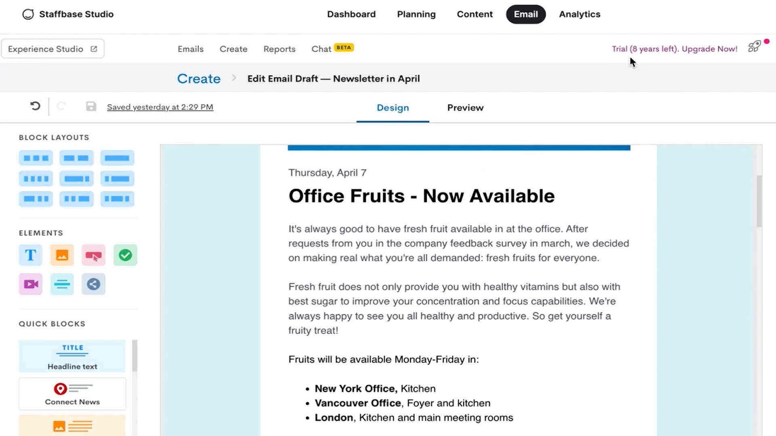 Staffbase’s email newsletter builder showing a sample newsletter announcing that fruit is now available in the office.