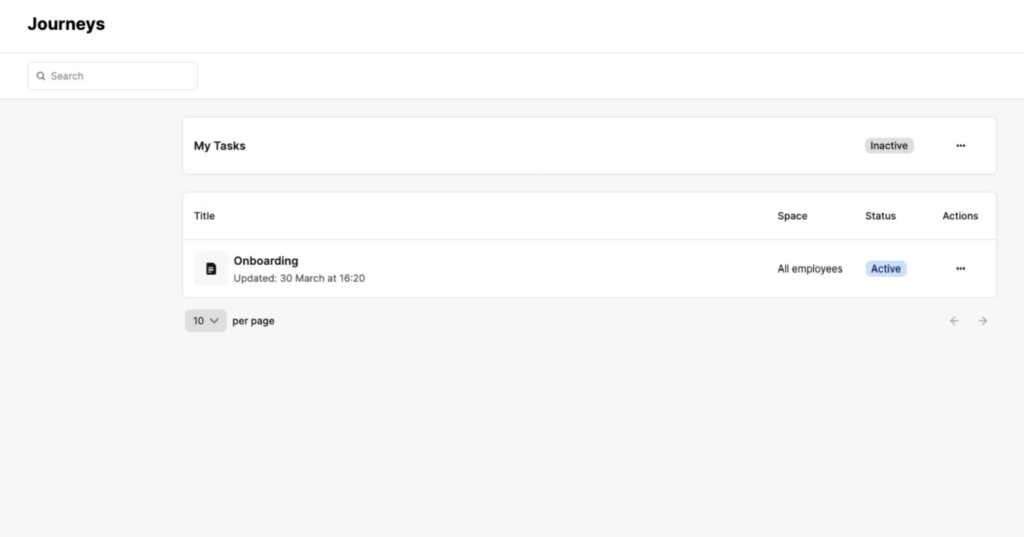The Journeys editor in Staffbase Studio showing an active journey titled &ldquo;Onboarding&rdquo;.