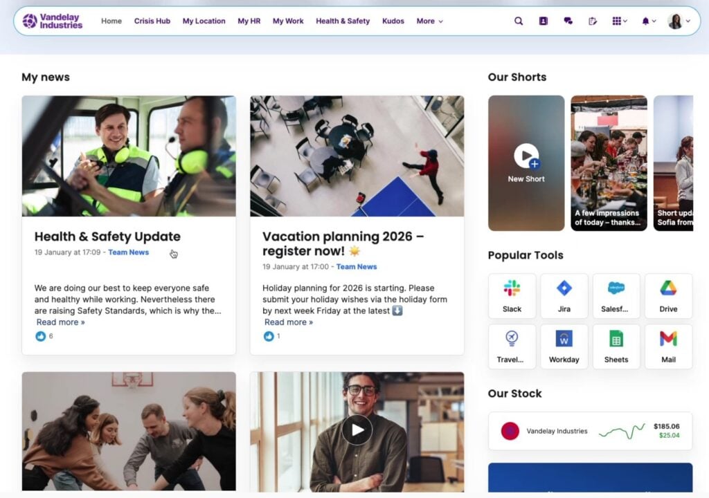 An employee intranet created with Staffbase that includes sections for &ldquo;My news,&rdquo; &ldquo;Our Shorts,&rdquo; and &ldquo;Popular Tools,&rdquo; such as Slack, Jira, Google Drive, and more.&nbsp;