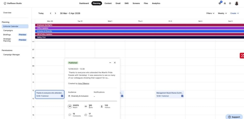 A screenshot of the content calendar in Staffbase Studio showing several published articles and statistics about engagement with them.