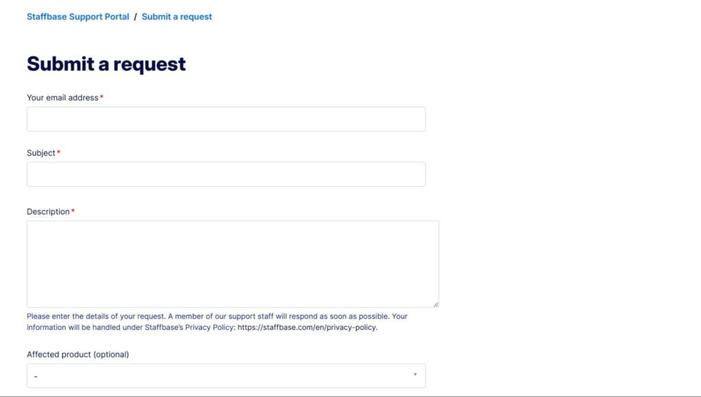 Staffbase&rsquo;s online customer support form with fields for your email address, message subject, and a message.