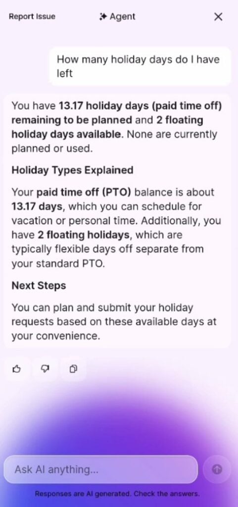A mobile screenshot of Staffbase&rsquo;s AI assistant answering a question about how much PTO an employee has remaining.