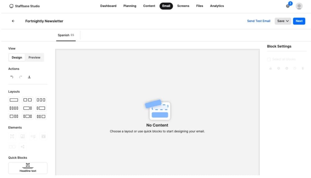 A screenshot of the drag-and-drop email creator within Staffbase Studio. You can build emails using several pre-made layouts and content blocks.