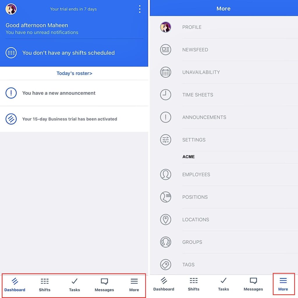 Sling’s mobile app employee dashboard