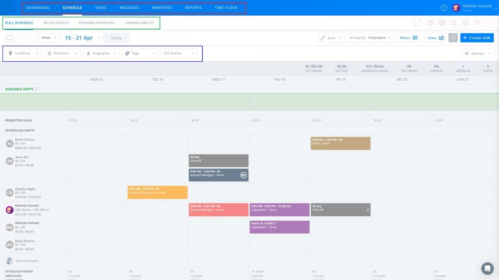 Sling’s shift scheduling dashboard on the desktop version