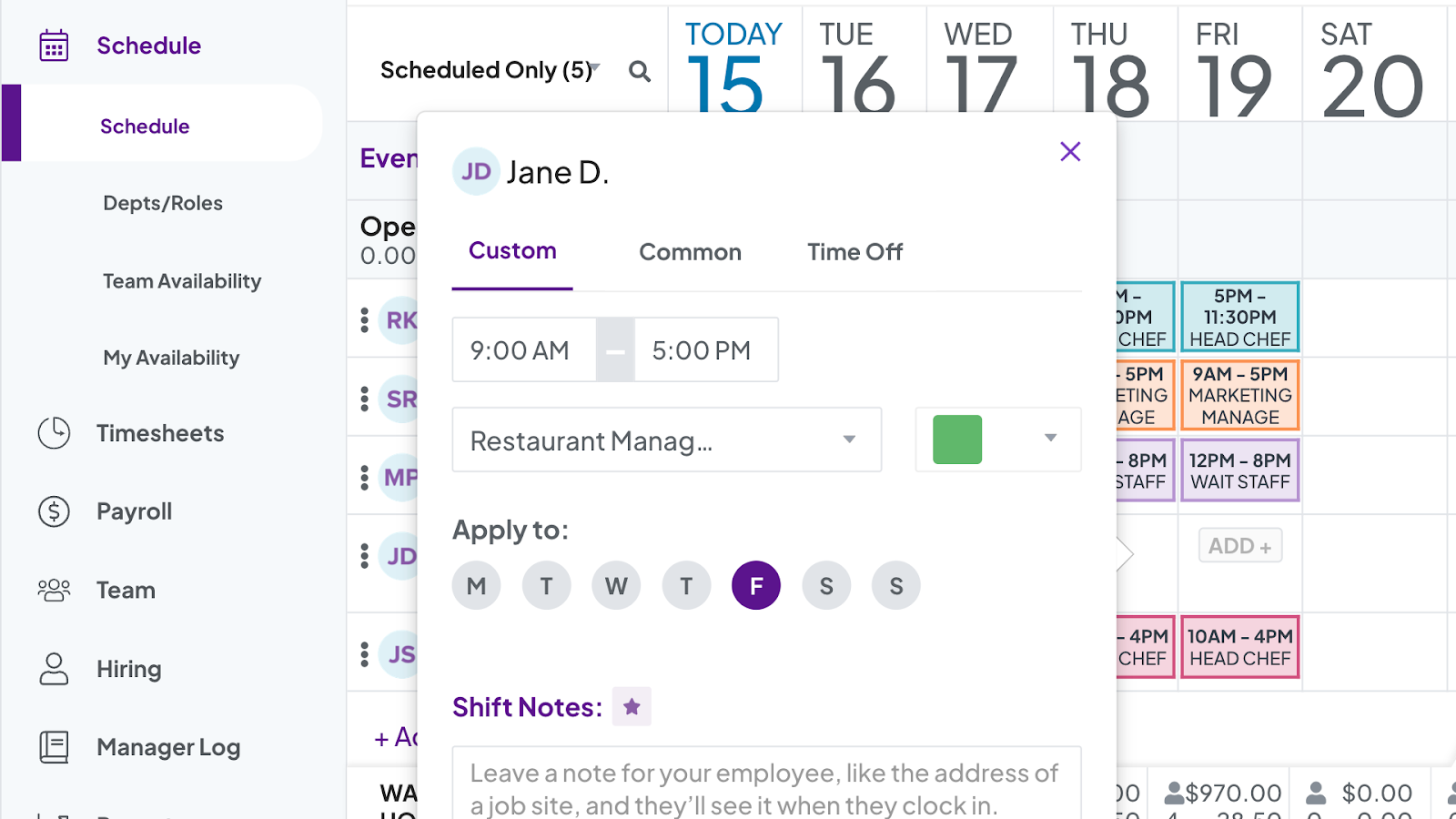 Adding a new shift for restaurant manager Jane using Homebase’s scheduling tool.