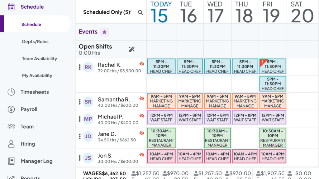 A screenshot showing the Homebase scheduling feature