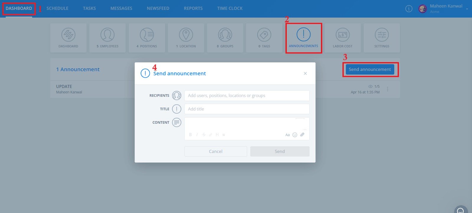 A screenshot of Sling’s desktop app's dashboard showing the option to send an announcement