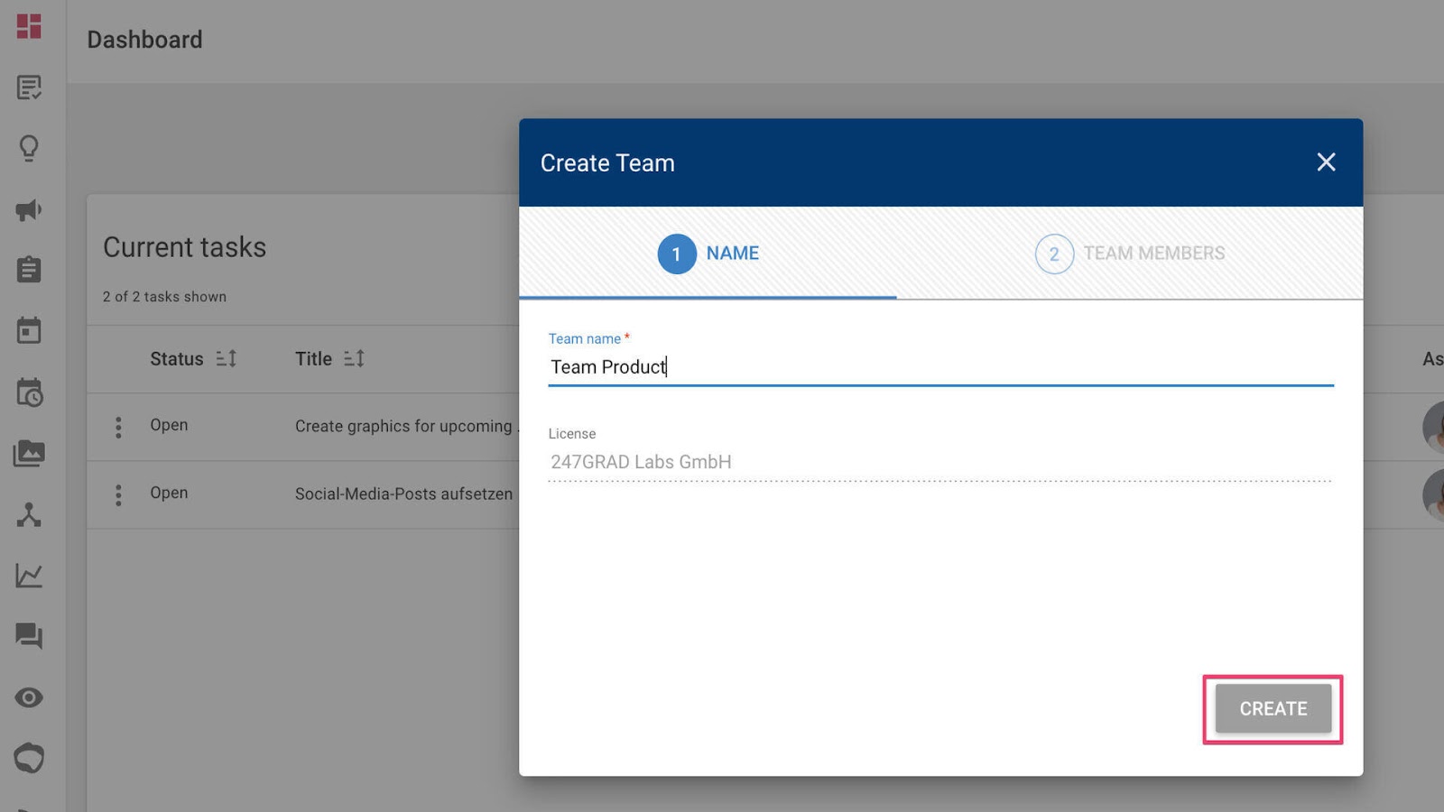 Creating a new team for collaborating in Staffbase.