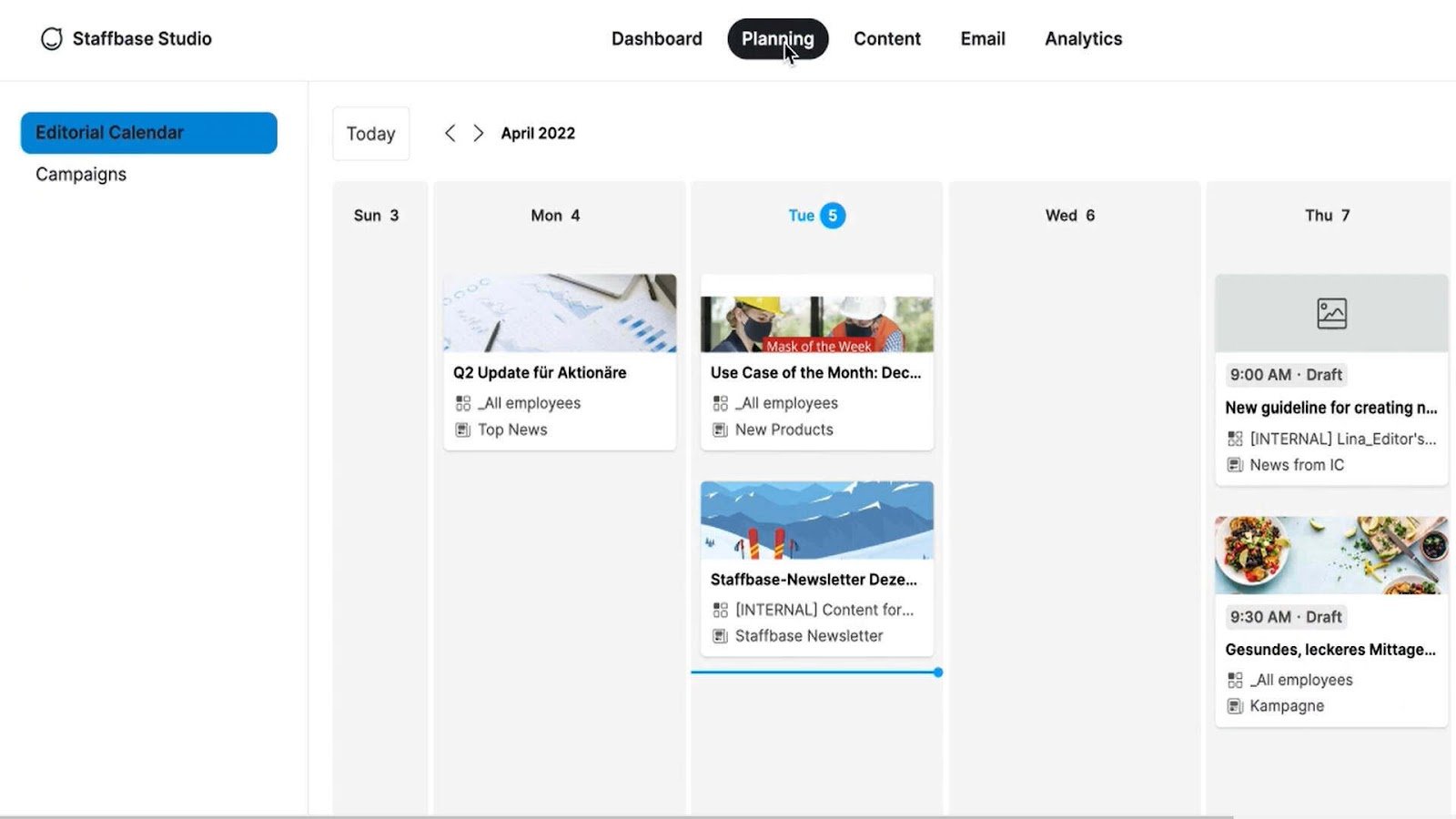 Staffbase editorial calendar showing several posts planned on Monday, Tuesday, and Thursday.