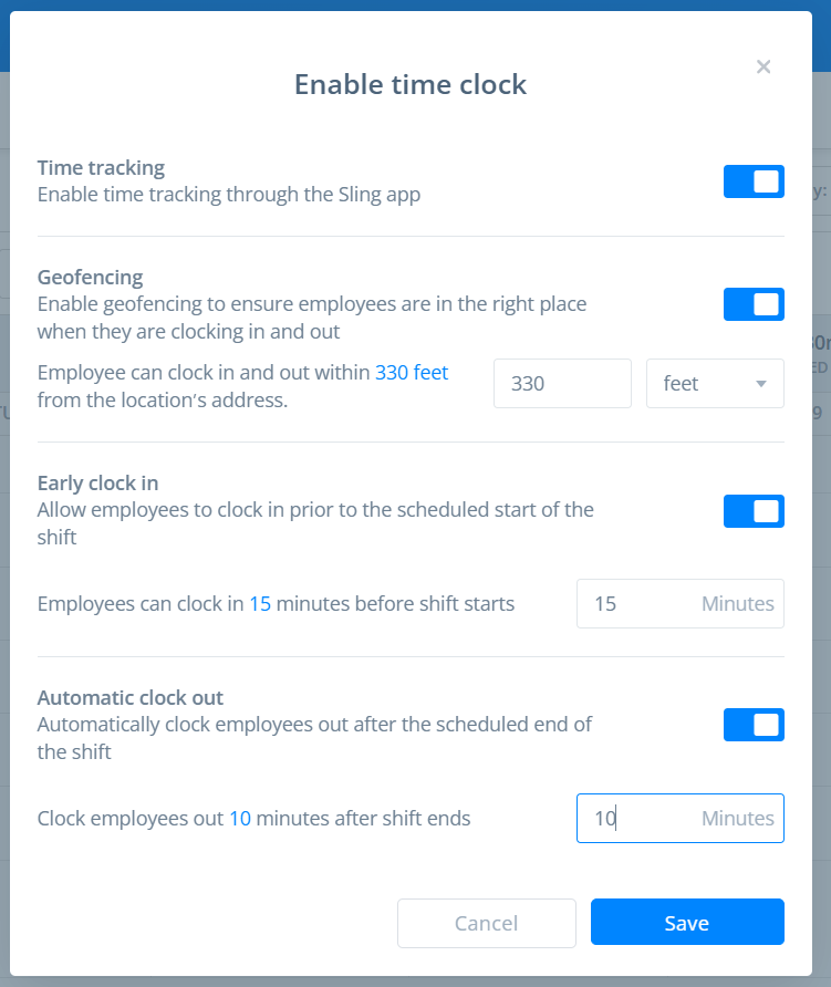 A screenshot of the “Enable time clock” settings on the Sling app