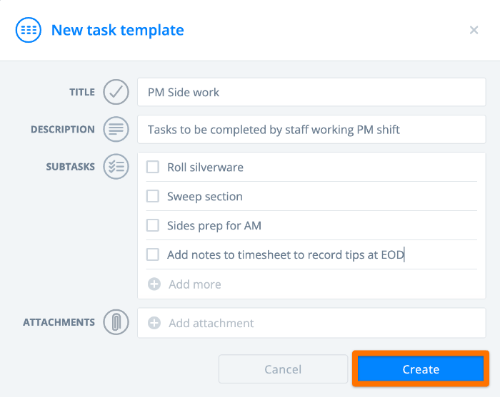 A screenshot of Sling's task template with options to add the task title, description, and subtasks