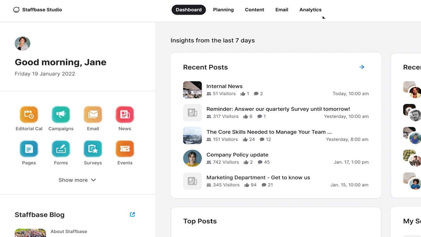 Staffbase’s administrative dashboard showing the performance of recent posts.