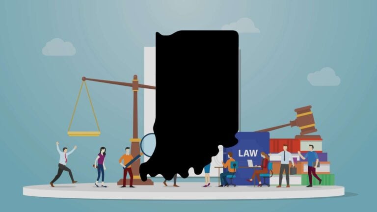 An illustration of the state of Indiana against a backdrop of labor law concepts