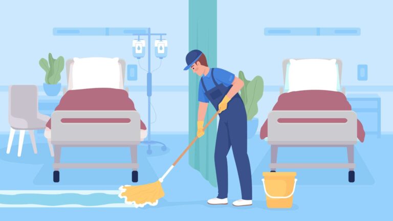 An illustration of a janitor cleaning a hospital room