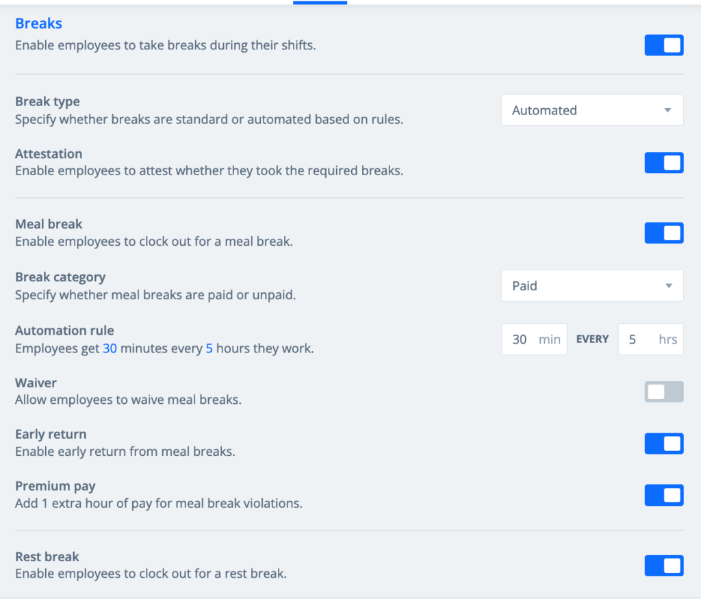 Sling break settings showing automated break rules, paid/unpaid options, and compliance controls like attestations and premium pay.